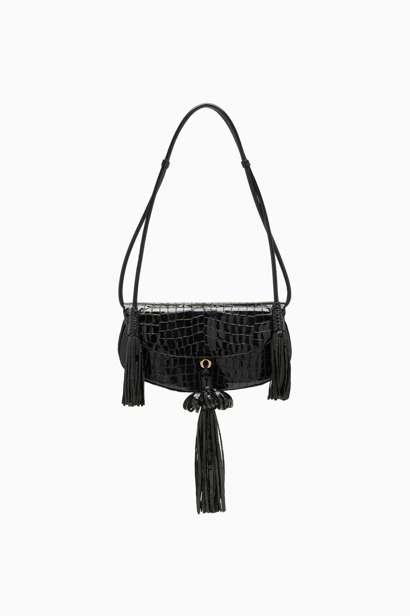 Black Embossed Leather Paloma Tassel Flap Bag - Front View | Ulla Johnson