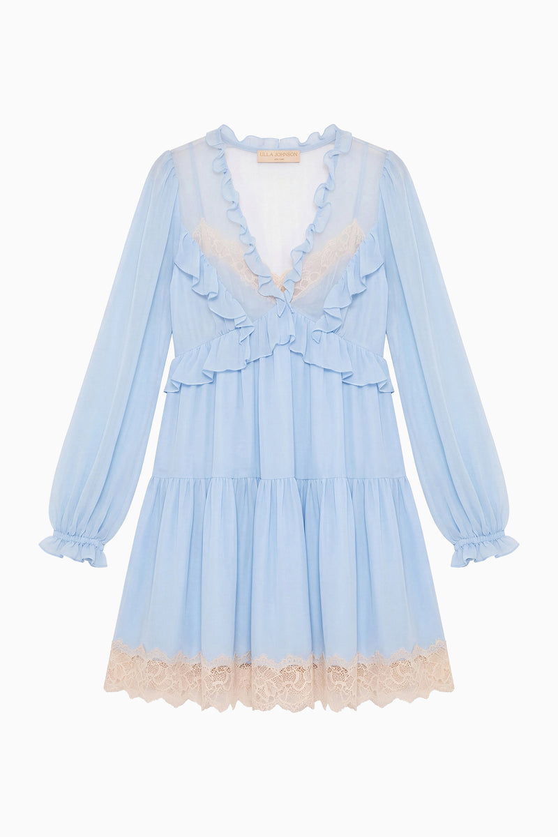 Light Blue Silk Chiffon Ruffle Mini Dress - Flat Lay, Designer Lace Trim | Ulla Johnson