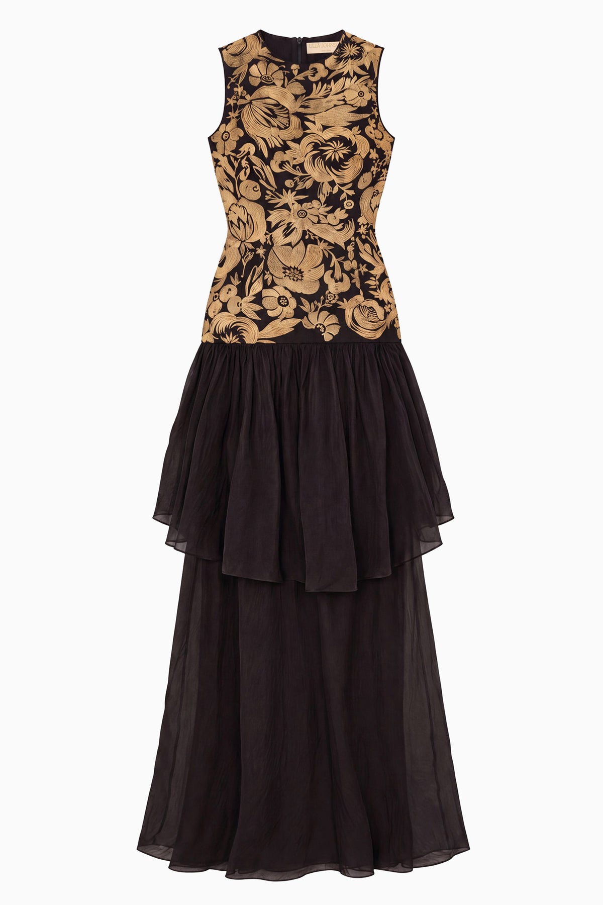 Black Gold Embroidered Silk Gown - Flat Lay, Full Length, Luxury Designer | Ulla Johnson