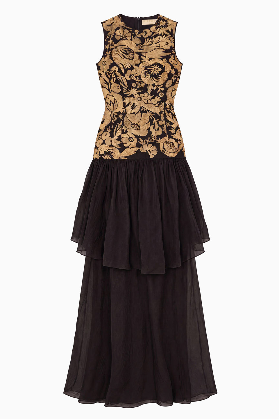Black Gold Embroidered Silk Gown - Flat Lay, Full Length, Luxury Designer | Ulla Johnson