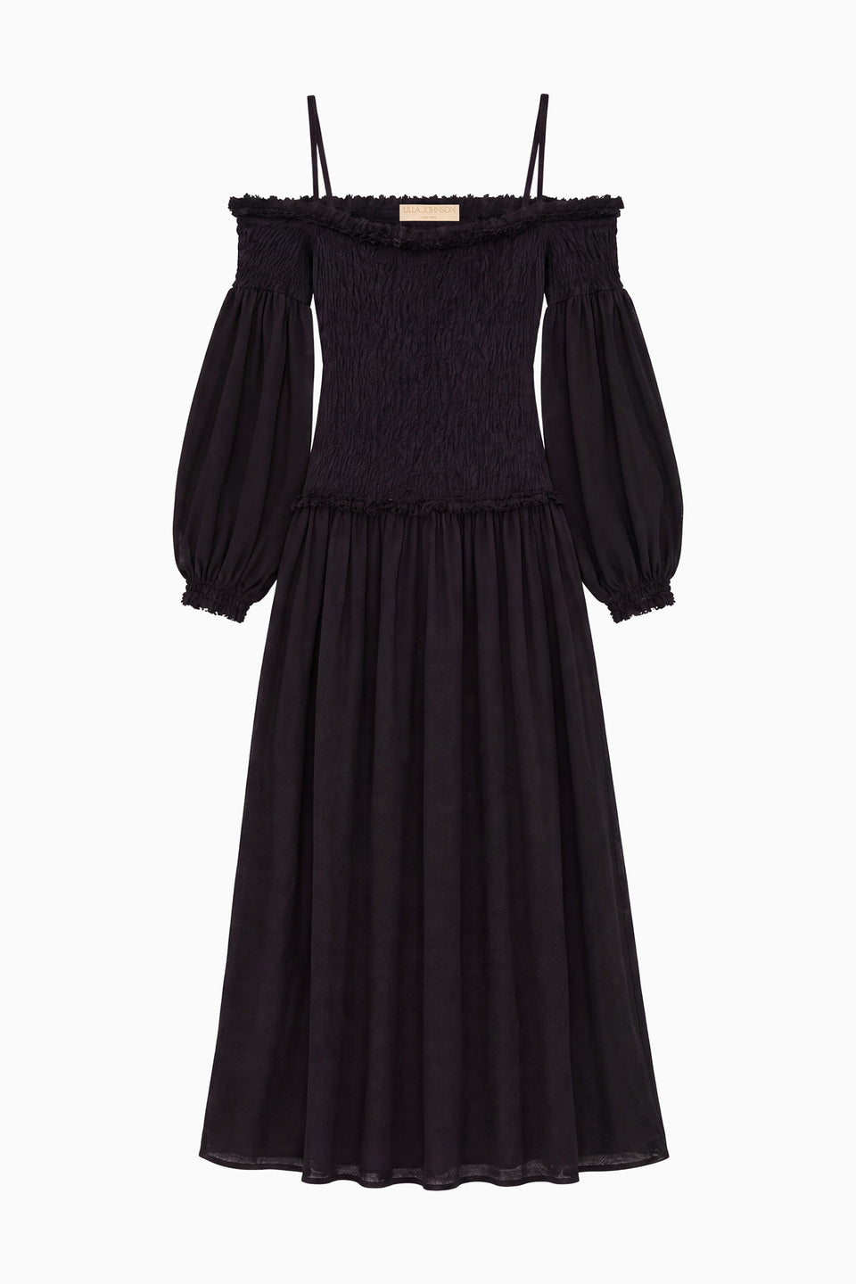 Black Cotton Wool Off-Shoulder Smocked Midi Dress - Flat Lay, Designer | Ulla Johnson