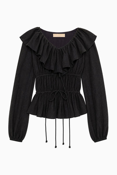 Noir Luxury Cotton Gauze Ruffle Top - Flat Lay, Drawstring Waist Detail | Ulla Johnson