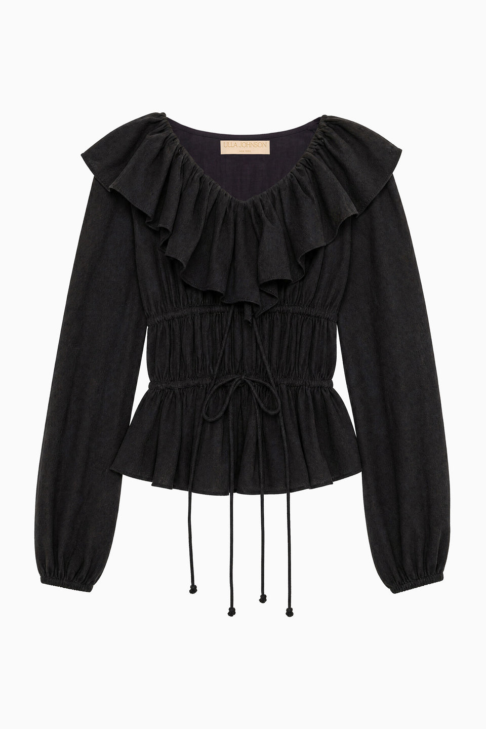 Noir Luxury Cotton Gauze Ruffle Top - Flat Lay, Drawstring Waist Detail | Ulla Johnson