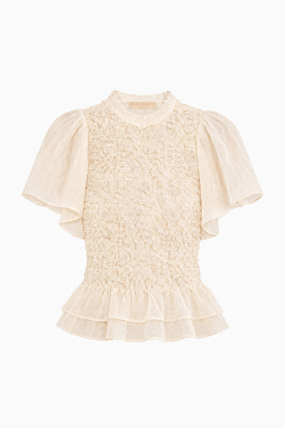 Cowrie Cotton Wool Luxury Smocked Peplum Top - Flat Lay Product View | Ulla Johnson