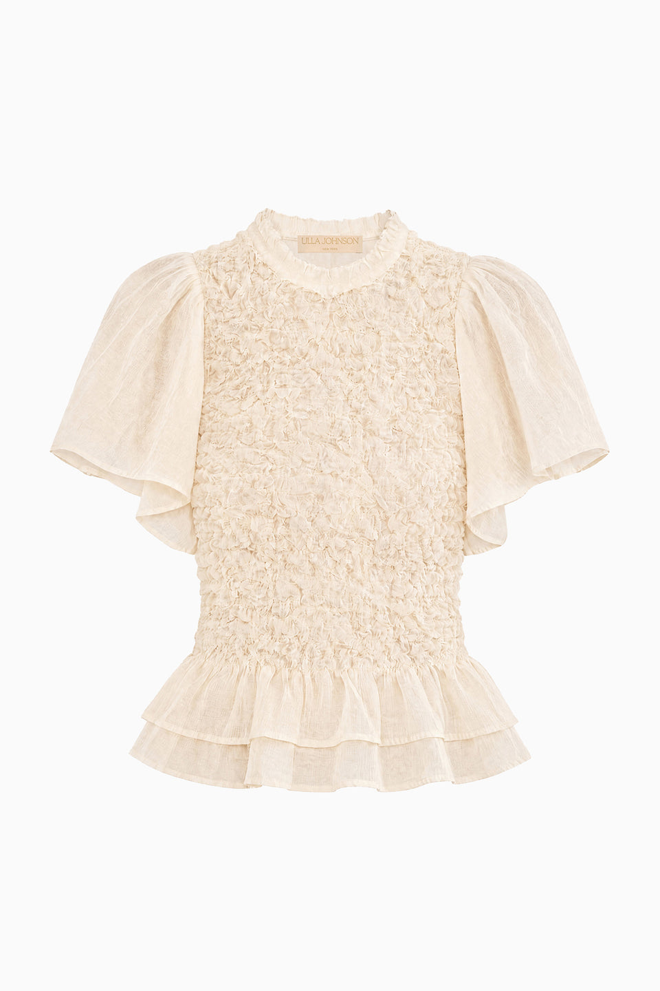 Cowrie Cotton Wool Luxury Smocked Peplum Top - Flat Lay Product View | Ulla Johnson