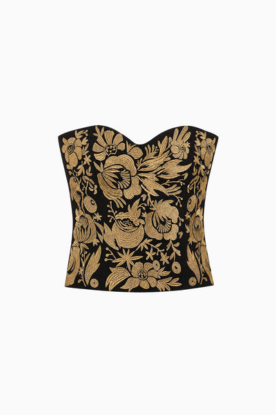 Black Gold Silk Corset Bustier - Flat Lay, Premium Metallic Floral Embroidery | Ulla Johnson
