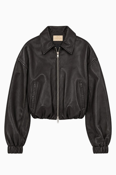 Noir Lamb Leather Cropped Blouson Jacket - Flat Lay, Designer Zip Detail | Ulla Johnson