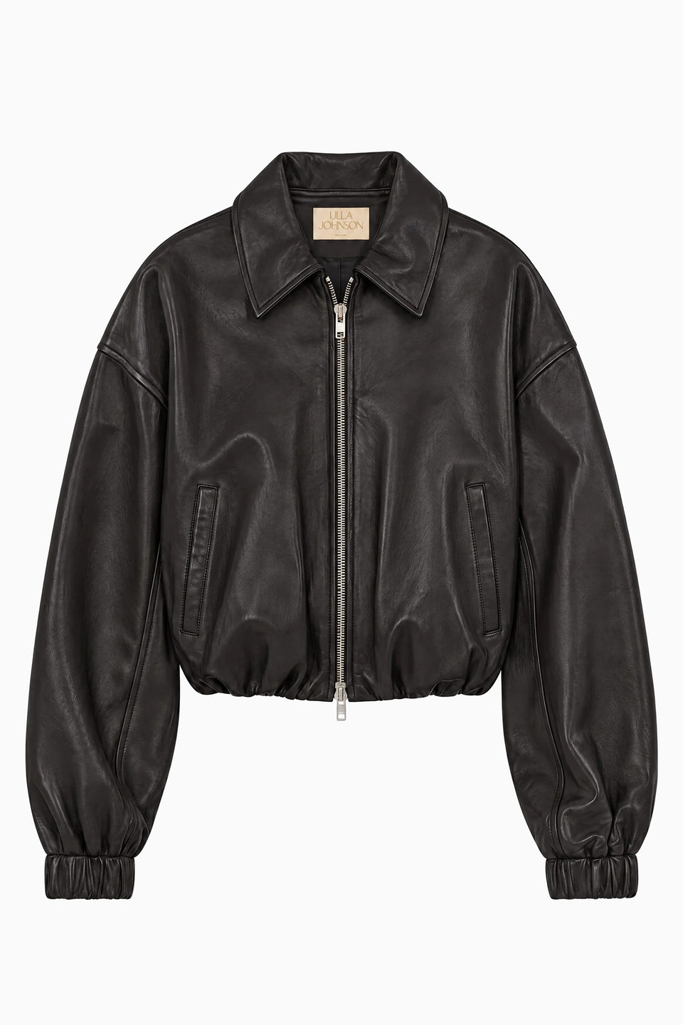 Noir Lamb Leather Cropped Blouson Jacket - Flat Lay, Designer Zip Detail | Ulla Johnson