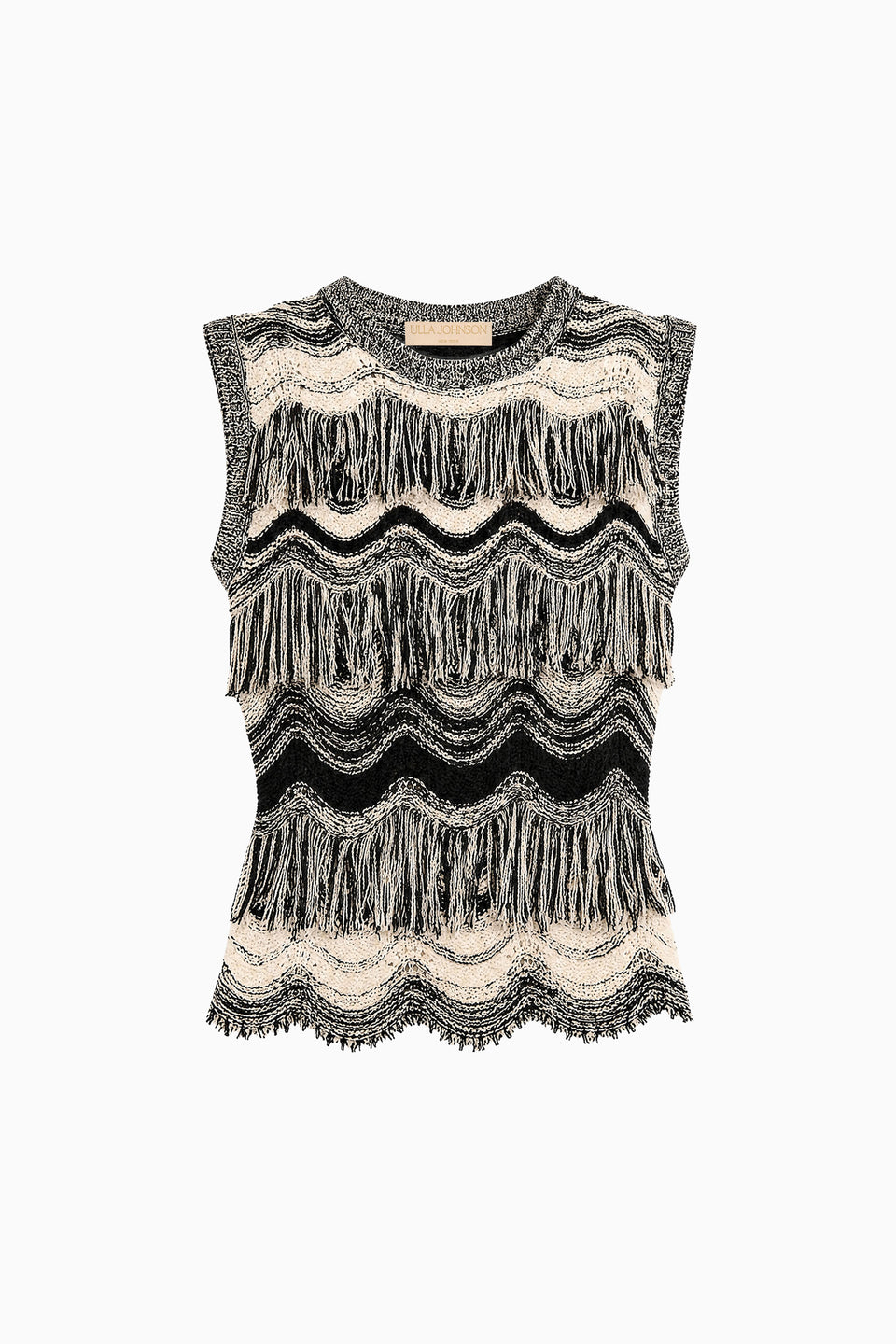 Noir Gardenia Premium Jacquard Fringe Knit Top - Flat Lay Product Shot | Ulla Johnson