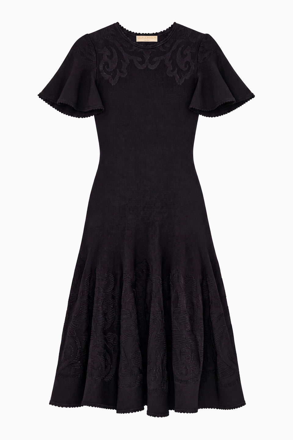 Noir Floral Jacquard Knit Mini Dress - Flat Lay, Flutter Sleeves and Pleated Skirt | Ulla Johnson