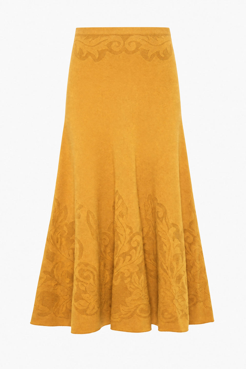 Topaz Designer Compact Knit Midi Skirt - Flat Lay, High Waist Floral Motif | Ulla Johnson