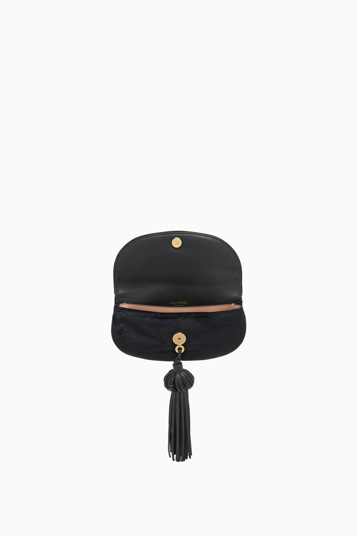 Noir Black Velvet Flap Clutch - Interior Open View, Gold Hardware | Ulla Johnson
