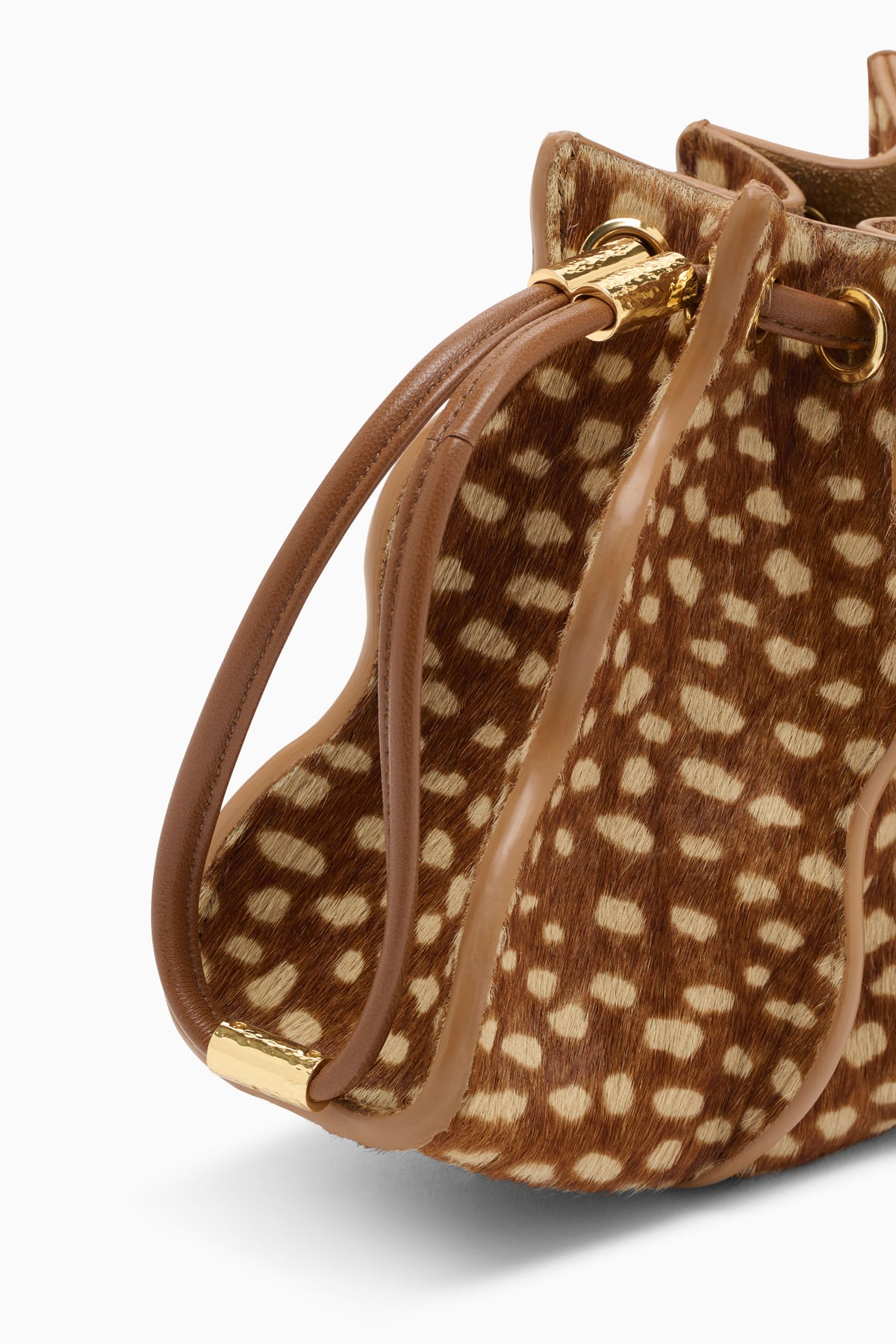 Spotted Haircalf Crossbody Bag Tan Leather Trim Gold Hardware - Close-Up Detail | Ulla Johnson