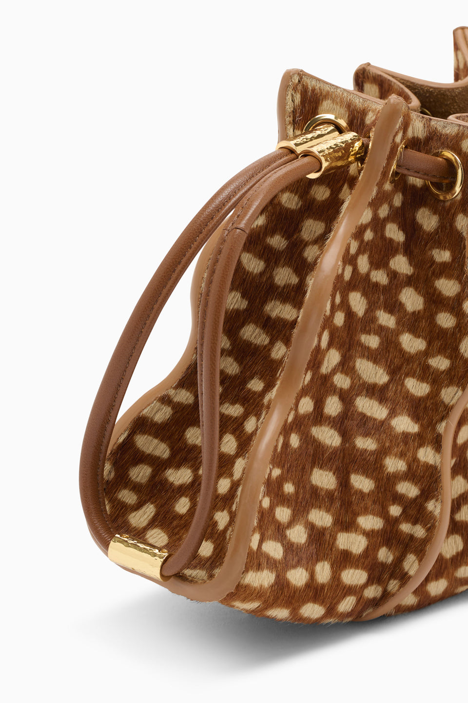 Spotted Haircalf Crossbody Bag Tan Leather Trim Gold Hardware - Close-Up Detail | Ulla Johnson
