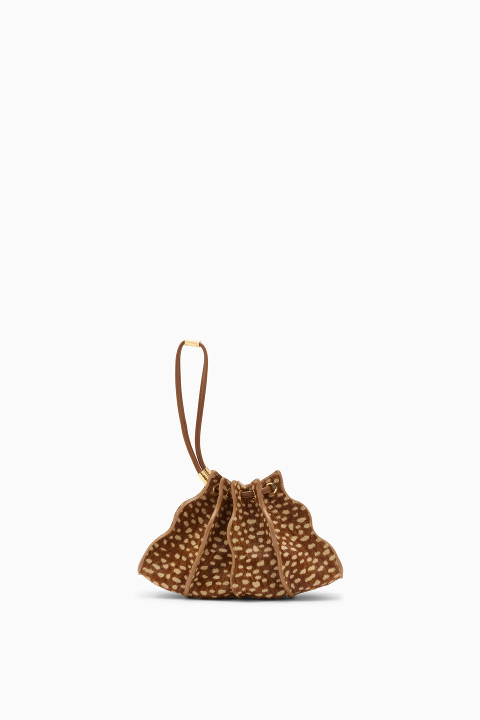 Spotted Haircalf Luxury Drawstring Bag with Leather Wrist Strap - Front View | Ulla Johnson
