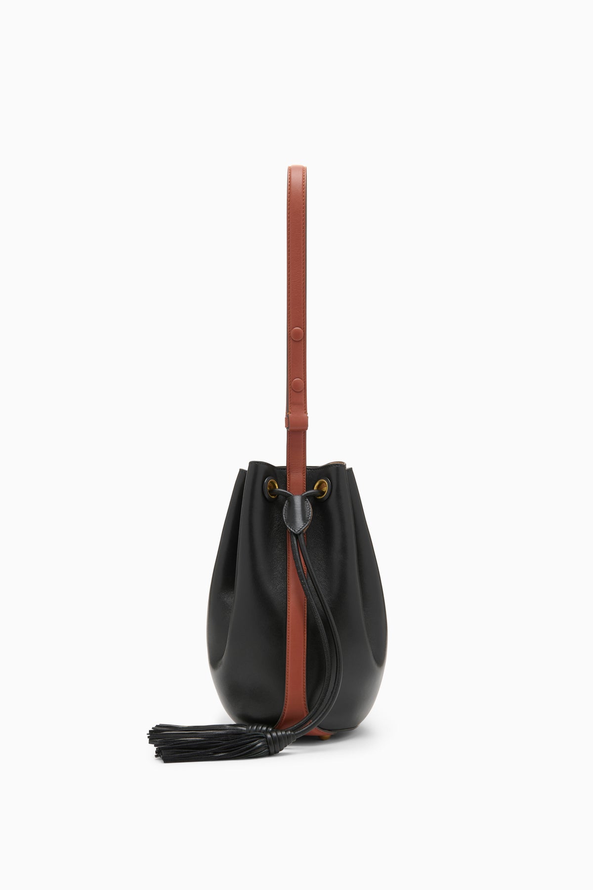 Black Nappa Leather Bucket Bag with Tan Strap, Side View - Drew Bag | Ulla Johnson