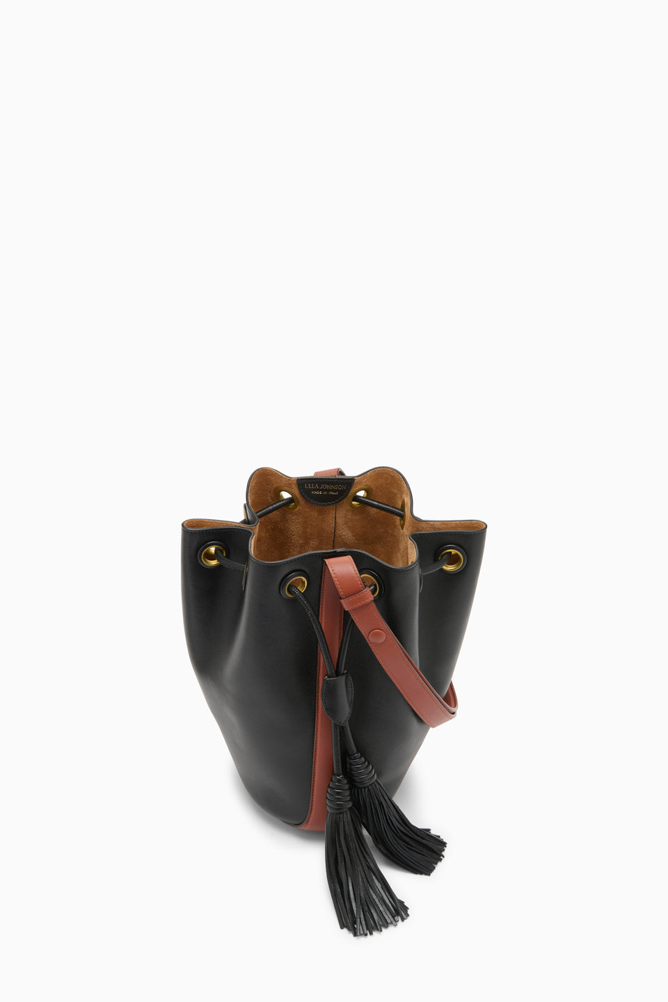 Black Nappa Leather Bucket Bag Open Interior View, Suede Lining and Gold Eyelets | Ulla Johnson
