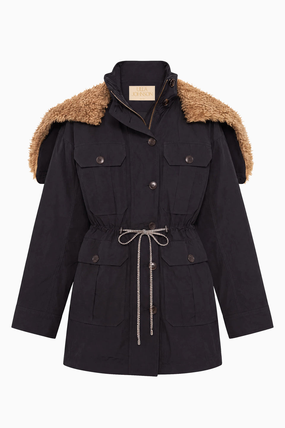Noir Nylon Jacket with Fur-Lined Hood and Self-Tie Waist - Flat Lay | Ulla Johnson