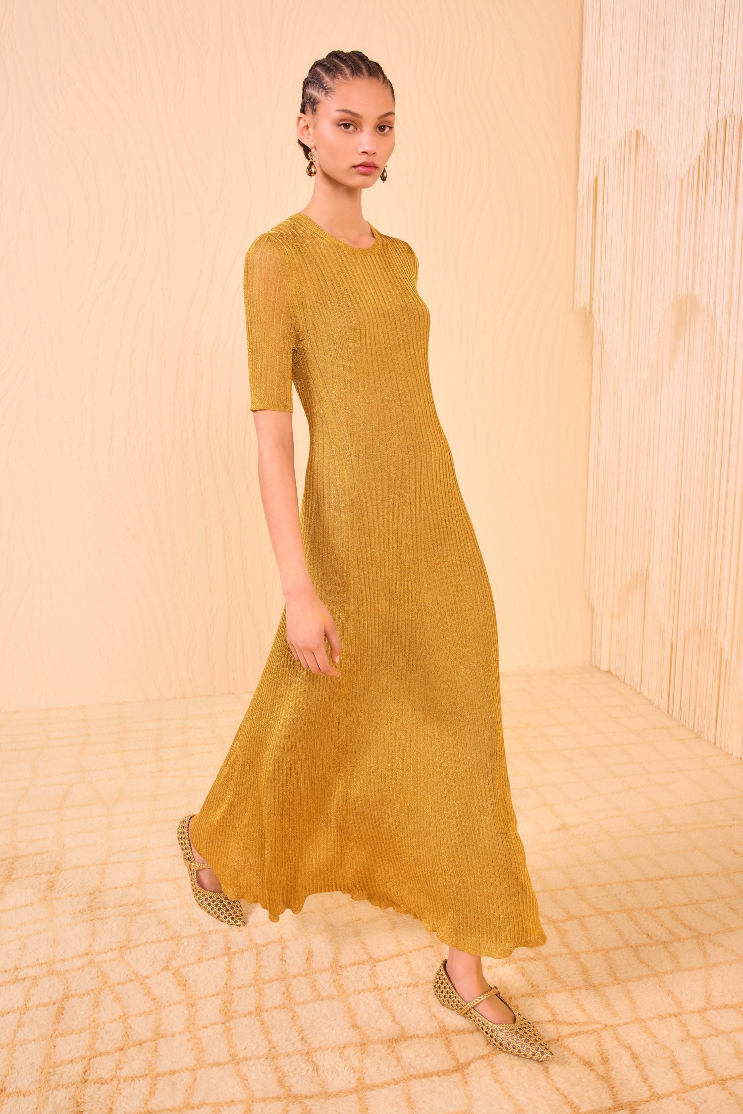 ulla johnson gold dress Maxine Short Sleeve Knit Long Dress - Gild Gold Soft Lurex Rib-Knitted Long Dress
