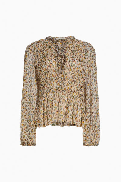 Swan Crinkled Silk Chiffon Blouse, Feather Print Front Tie - Flat Lay | Ulla Johnson