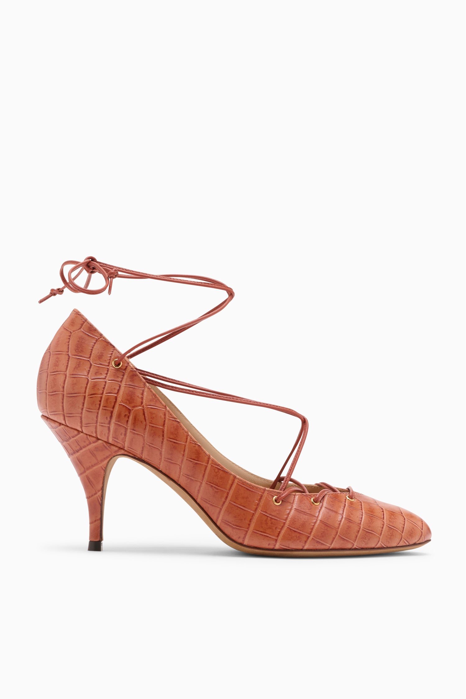 Lola Ballerina Lace Up Pump - Redwood Croc-Embossed Leather Pump