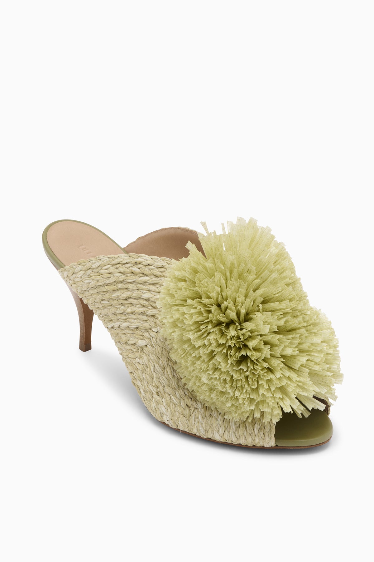 ⁣⁢Mule de Tacón Alto de Rafia con Flecos - Oliva⁤⁣