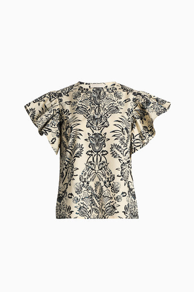 Ivory Batik Floral Cotton Poplin Flutter Sleeve Top - Front Flat Lay | Ulla Johnson