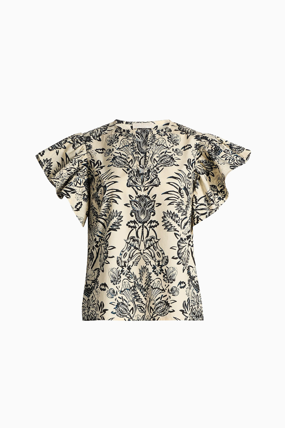 Ivory Batik Floral Cotton Poplin Flutter Sleeve Top - Front Flat Lay | Ulla Johnson
