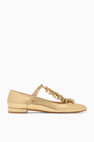 Gold Embossed Python Crystal T-Strap Ballerina Flat - Side View | Ulla Johnson