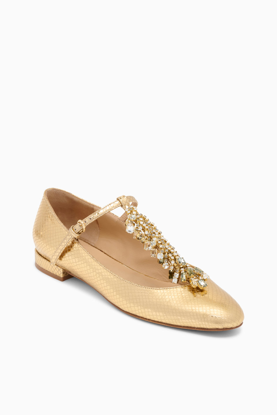 Gold Python Embossed Leather Crystal T-Strap Ballerina Flat - Three-Quarter View | Ulla Johnson