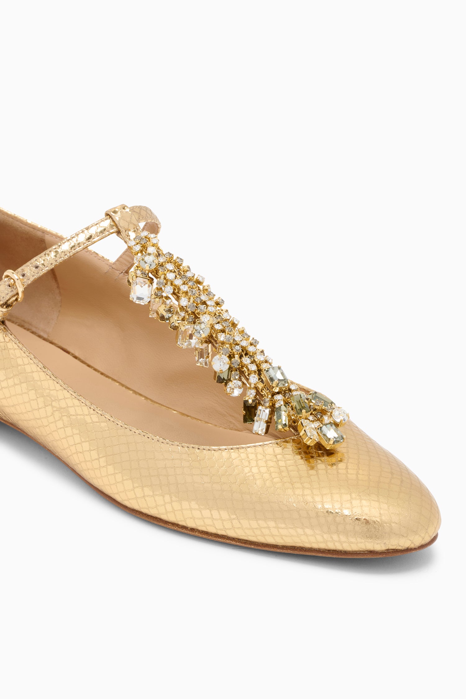 Ulla Johnson Gold Python Designer Ballerina Flat - Crystal Embellished T-Strap Close-Up Detail | Ulla Johnson