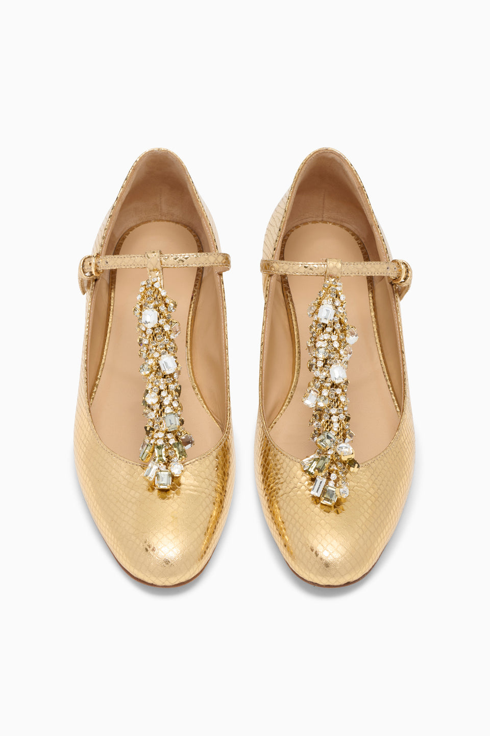 Gold Embossed Python Luxury Crystal T-Strap Ballerina Flats - Top-Down Pair View | Ulla Johnson
