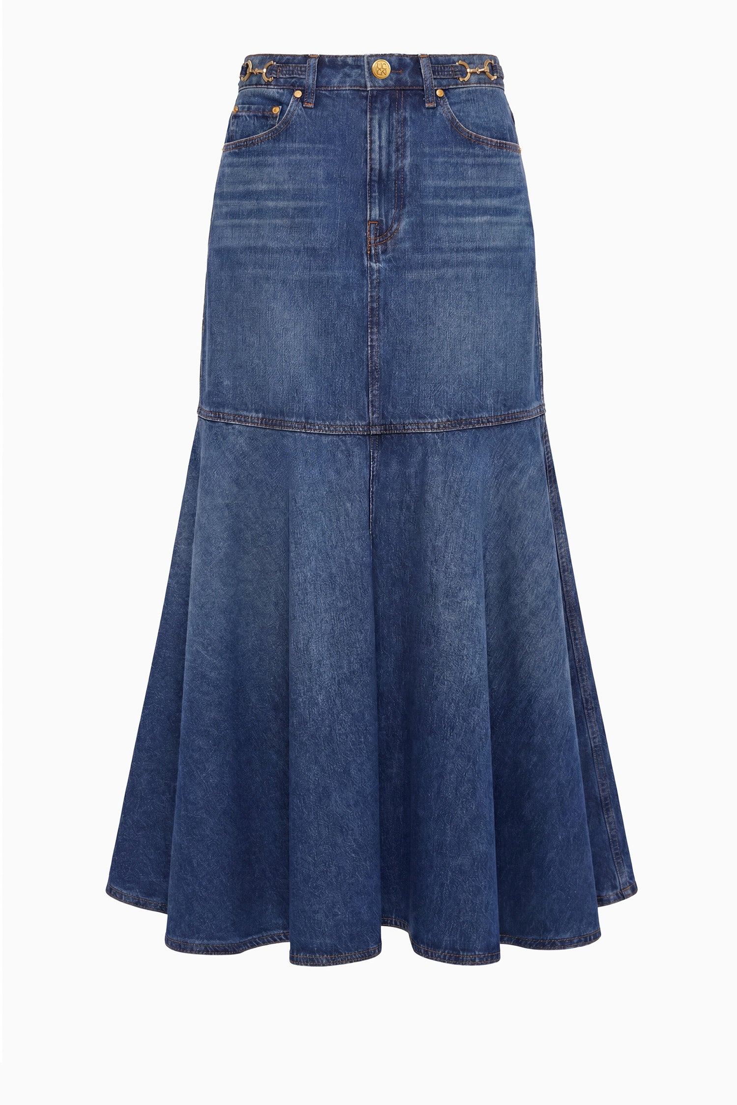 The Madelyn Denim Skirt - Nile A-Line Midi Denim Skirt - Ulla Johnson