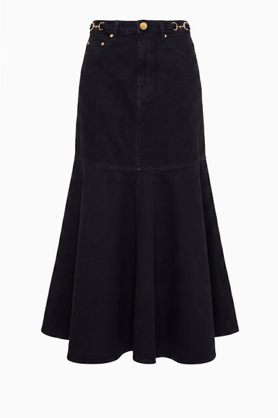 The Madelyn Denim Skirt - Noir Black A-Line Midi Denim Skirt