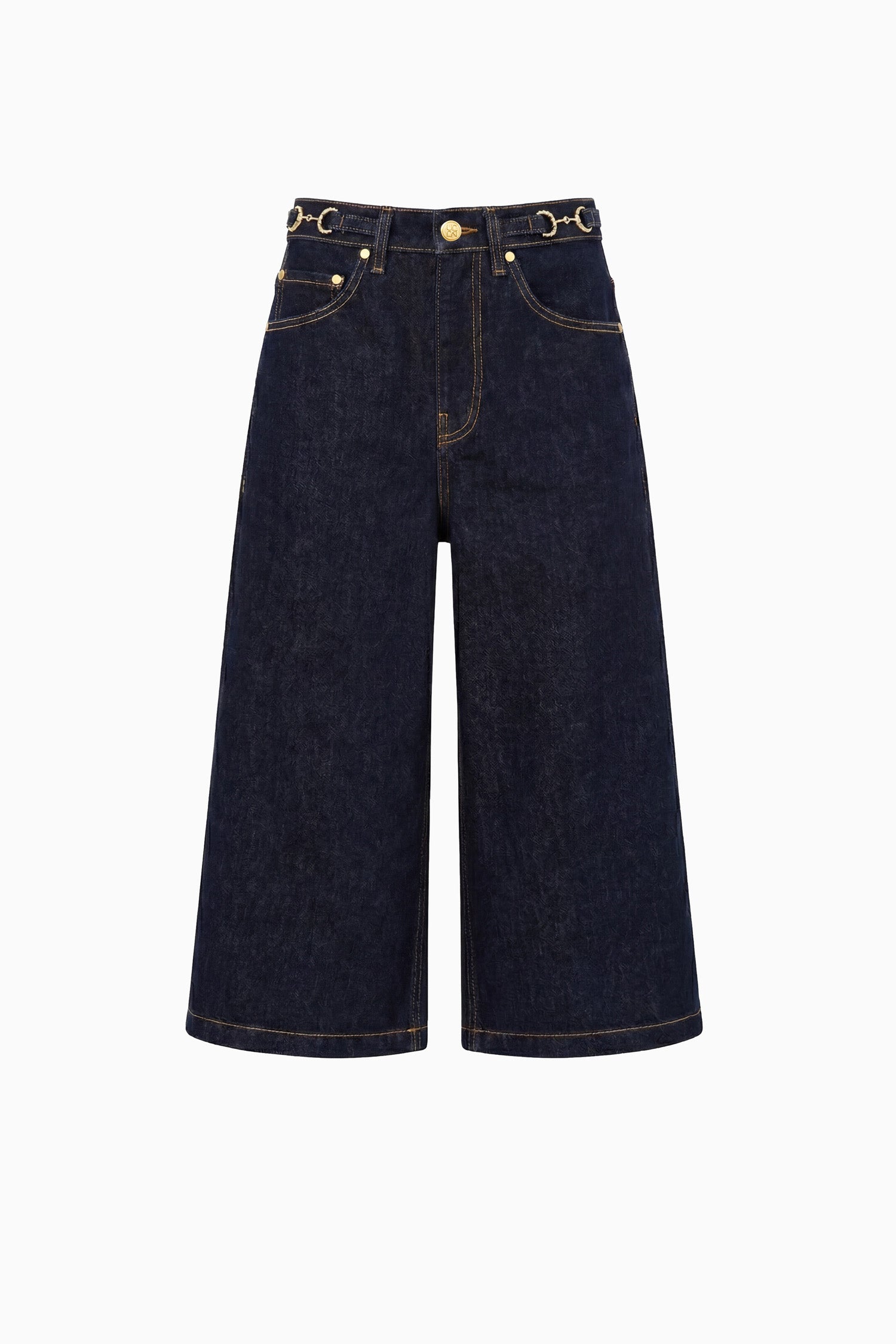 Tigris Dark Wash Denim Culotte - Flat Lay, Gold Hardware Detail | Ulla Johnson