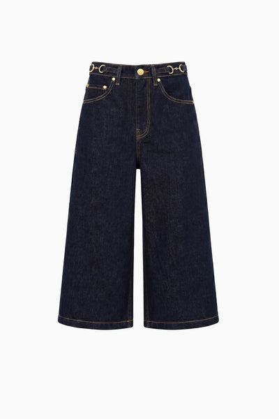 Tigris Dark Wash Denim Culotte - Flat Lay, Gold Hardware Detail | Ulla Johnson