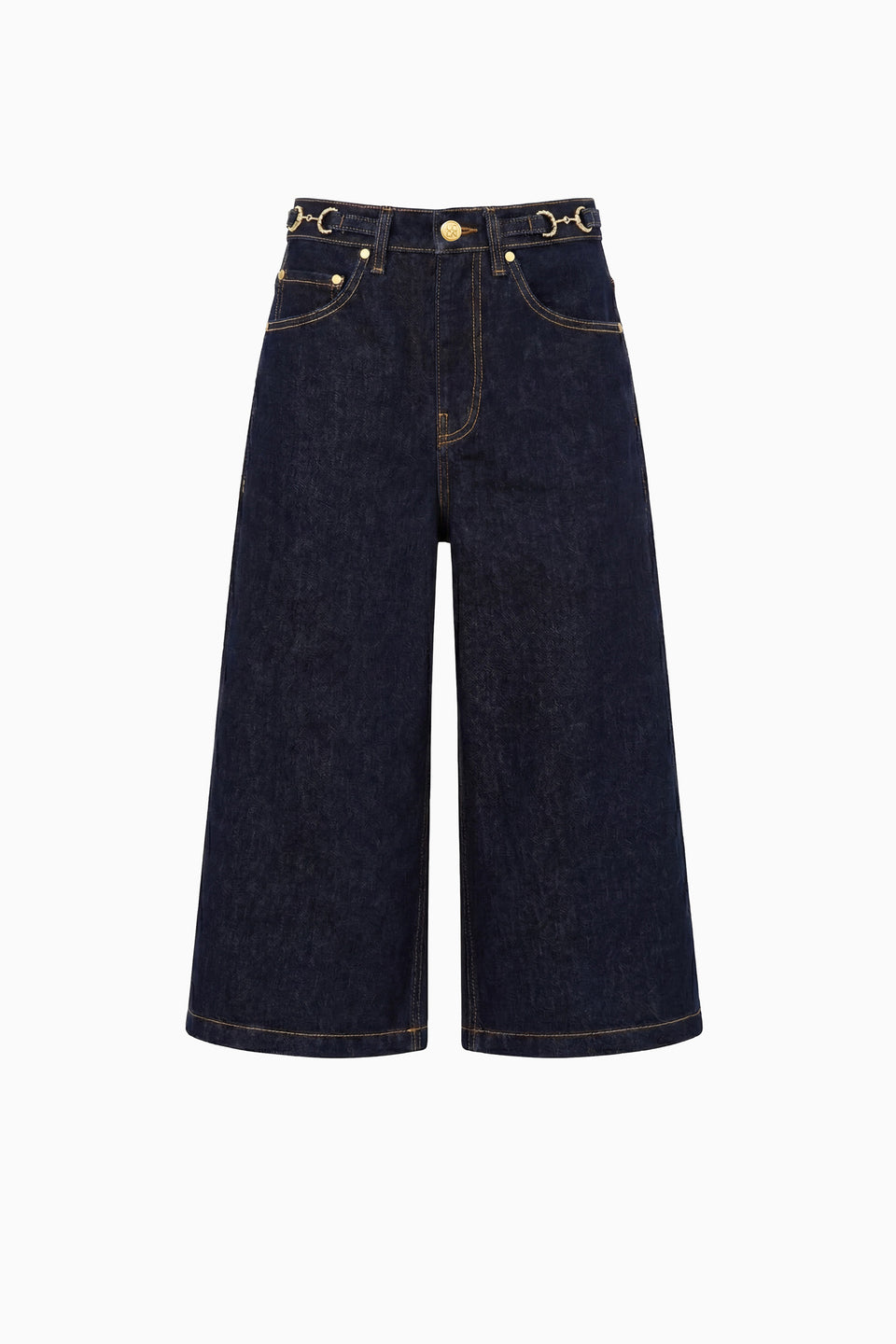 Tigris Dark Wash Denim Culotte - Flat Lay, Gold Hardware Detail | Ulla Johnson