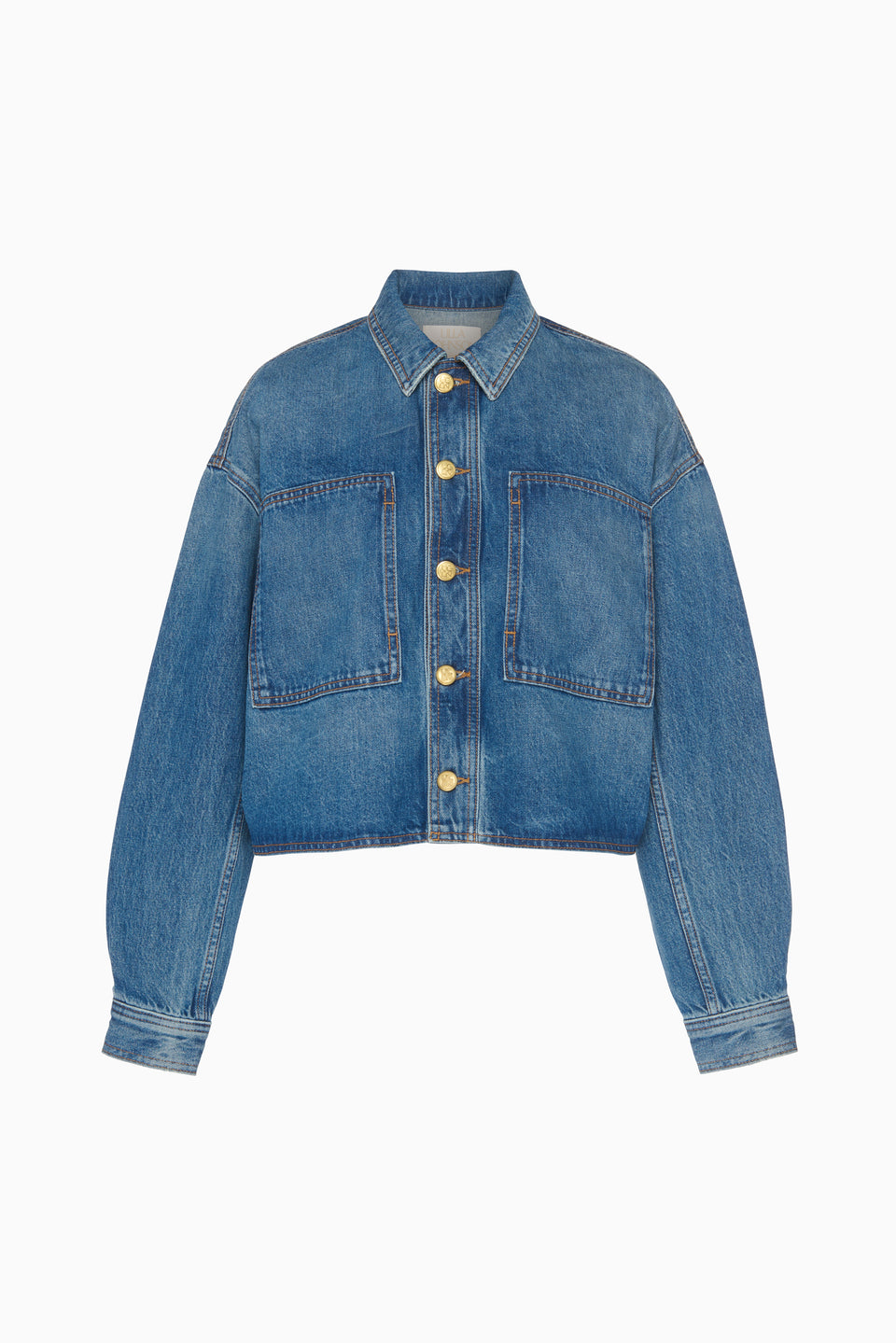 cropped jacket over fitted indigo knee length dress Ulla Johnson The Bobbi Jacket in Danube Medium Indigo Wash M