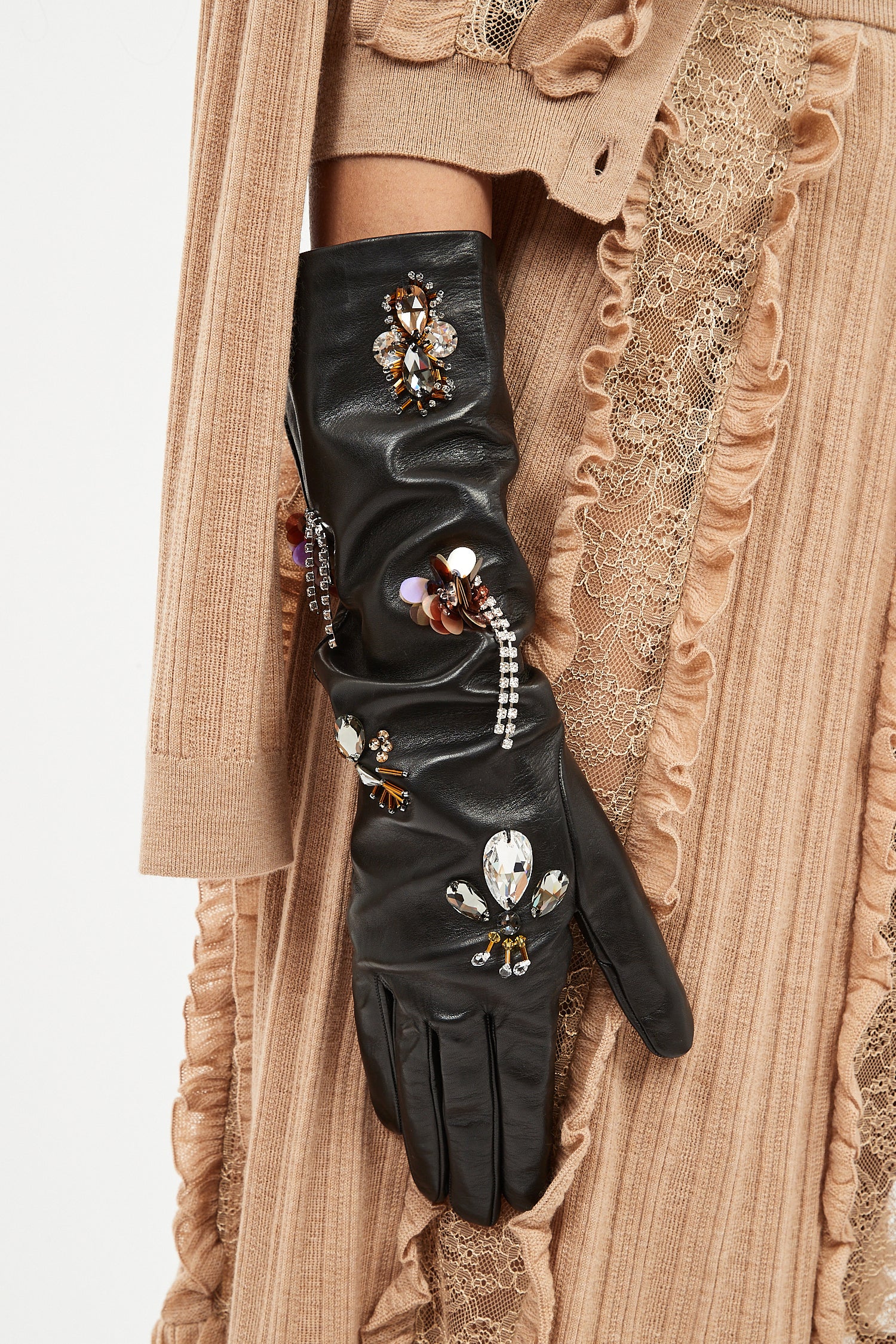 Laetitia Embellished Leather Gloves - Noir