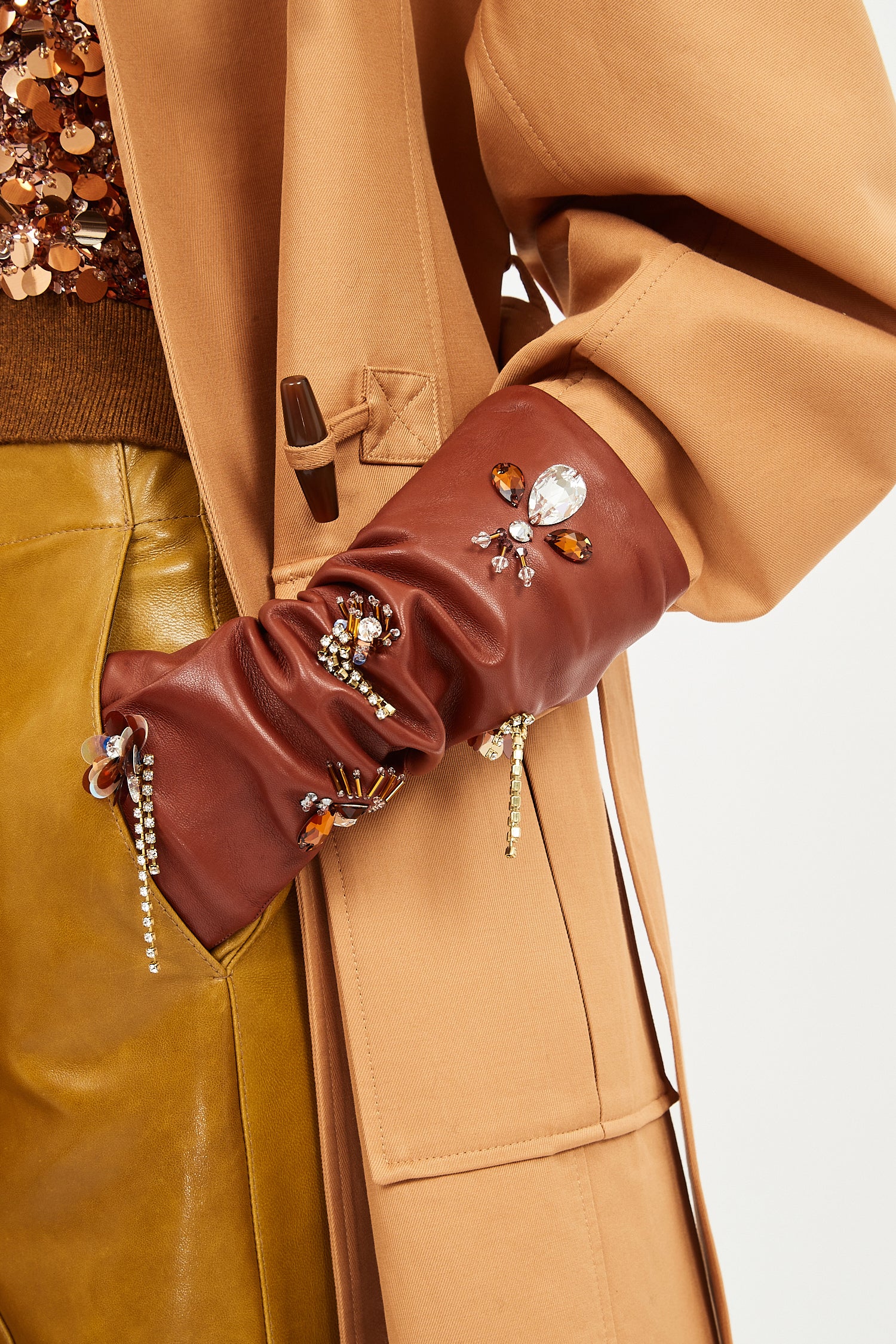 Laetitia Embellished Leather Gloves - Wenge