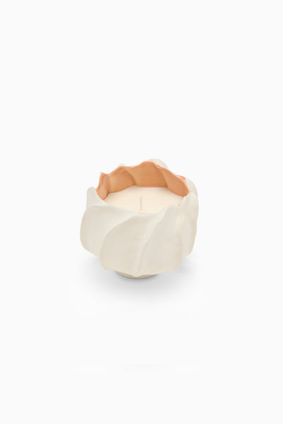 Cream Ceramic Luxury Scented Candle in Bloom-Shaped Vessel - Front View | Ulla Johnson