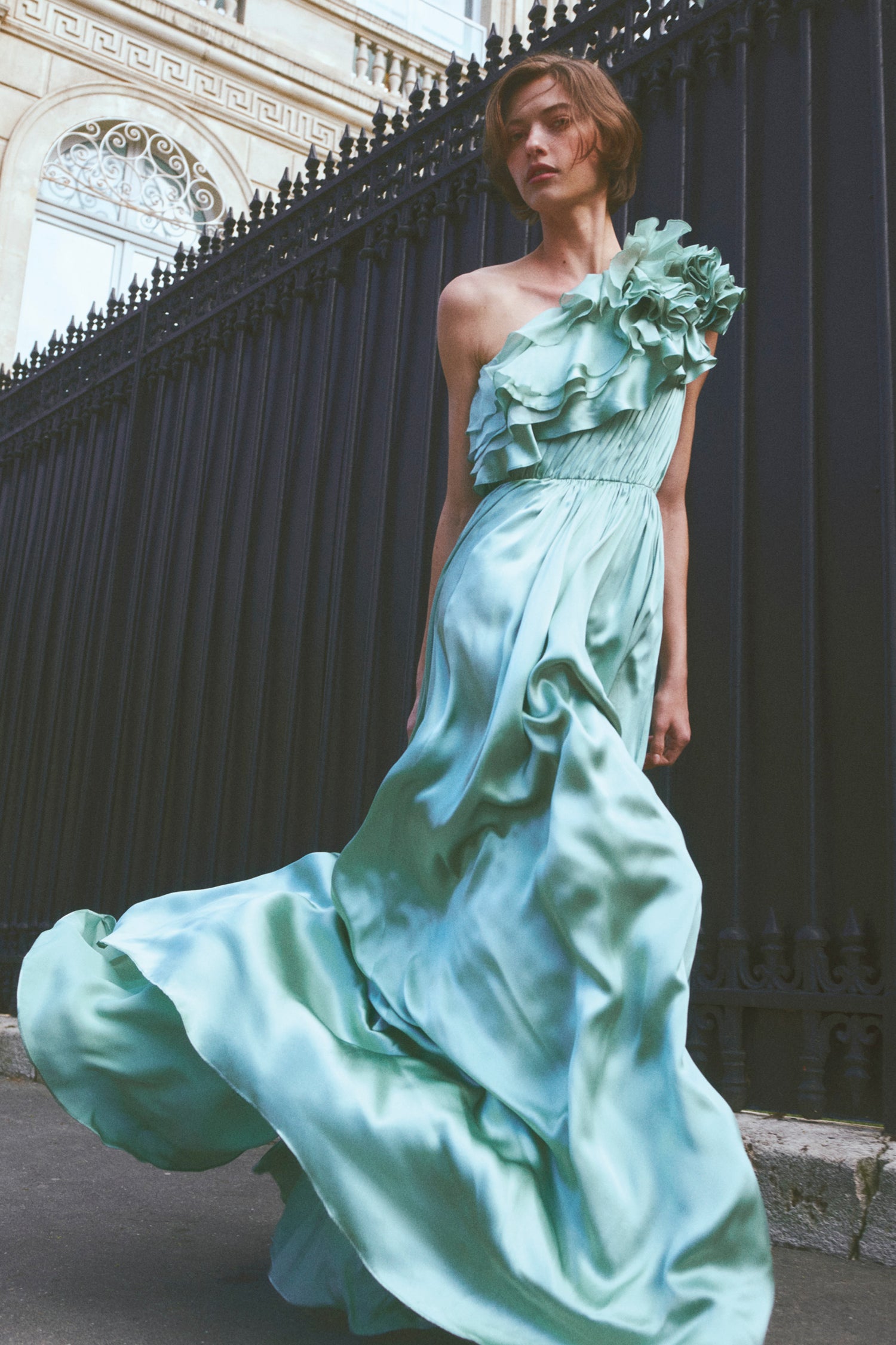Ulla Johnson Avalina Ruffled Silk One Shoulder Gown - Celadon
