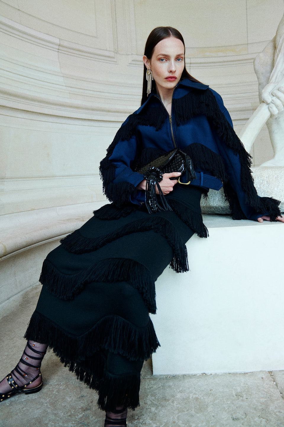 Mirena Long Knit Skirt w/ Fringe - Noir