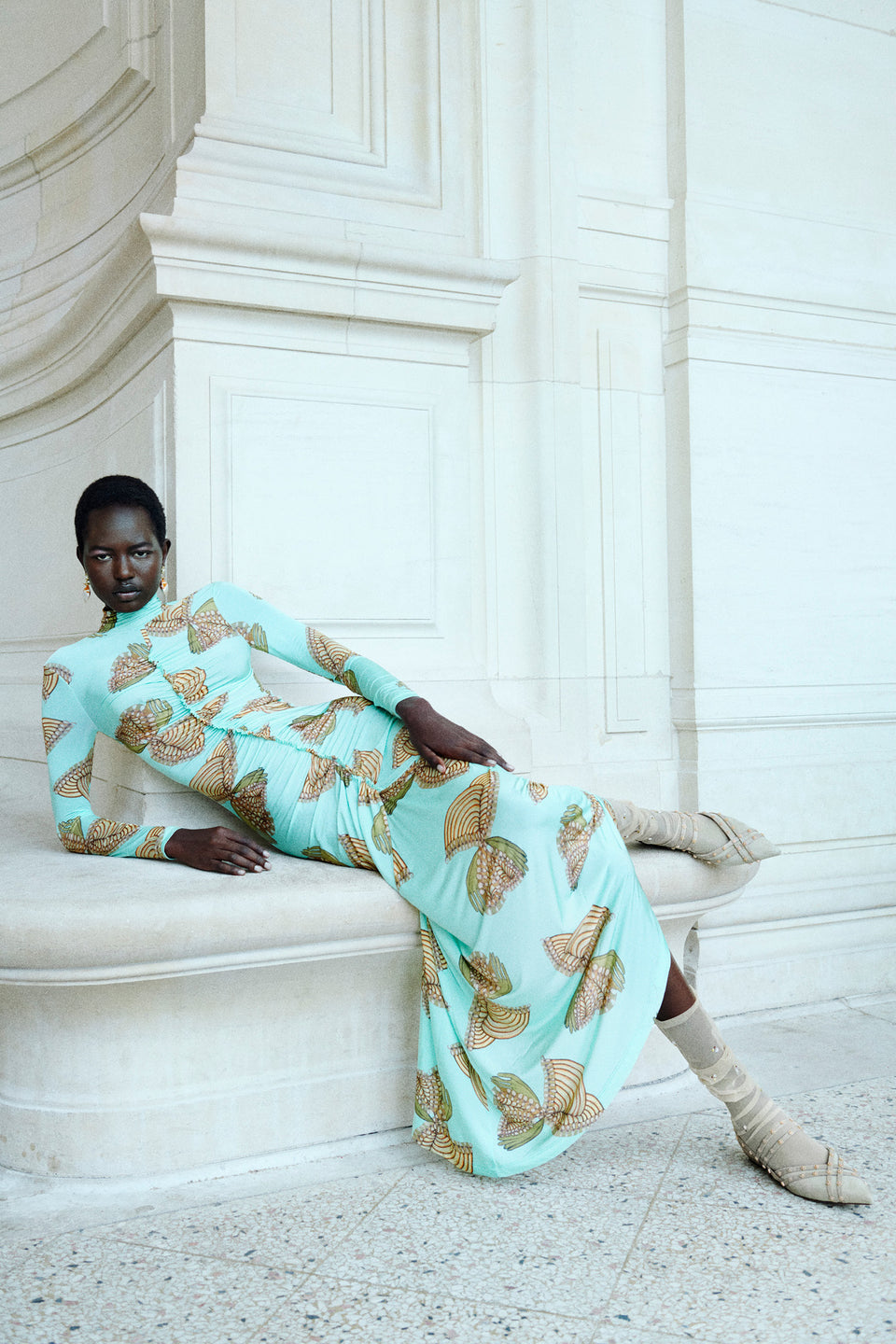 Ida LS Ruched Turtleneck Dress - Water Blossoms