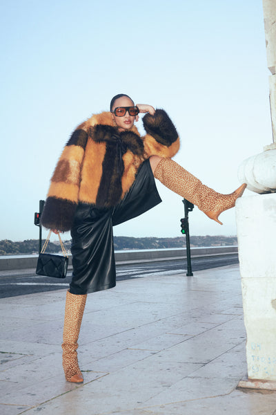 Sable Patchwork Faux Fur Coat, Outdoor Lifestyle Shot, High-End Styled Look | Ulla Johnson