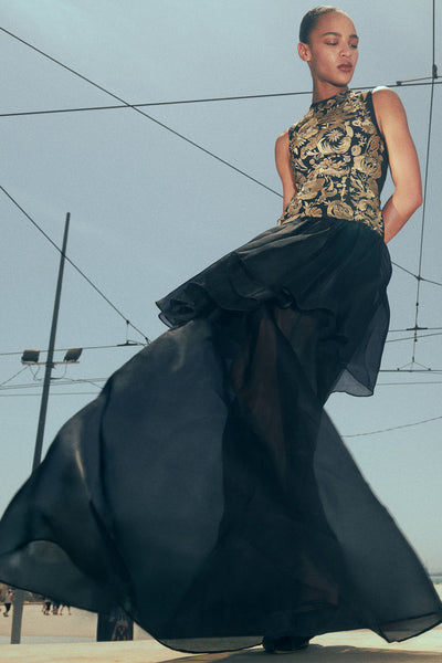 Black Silk Chiffon Gown - Outdoor Editorial, Flowing Tiered Skirt in Motion | Ulla Johnson