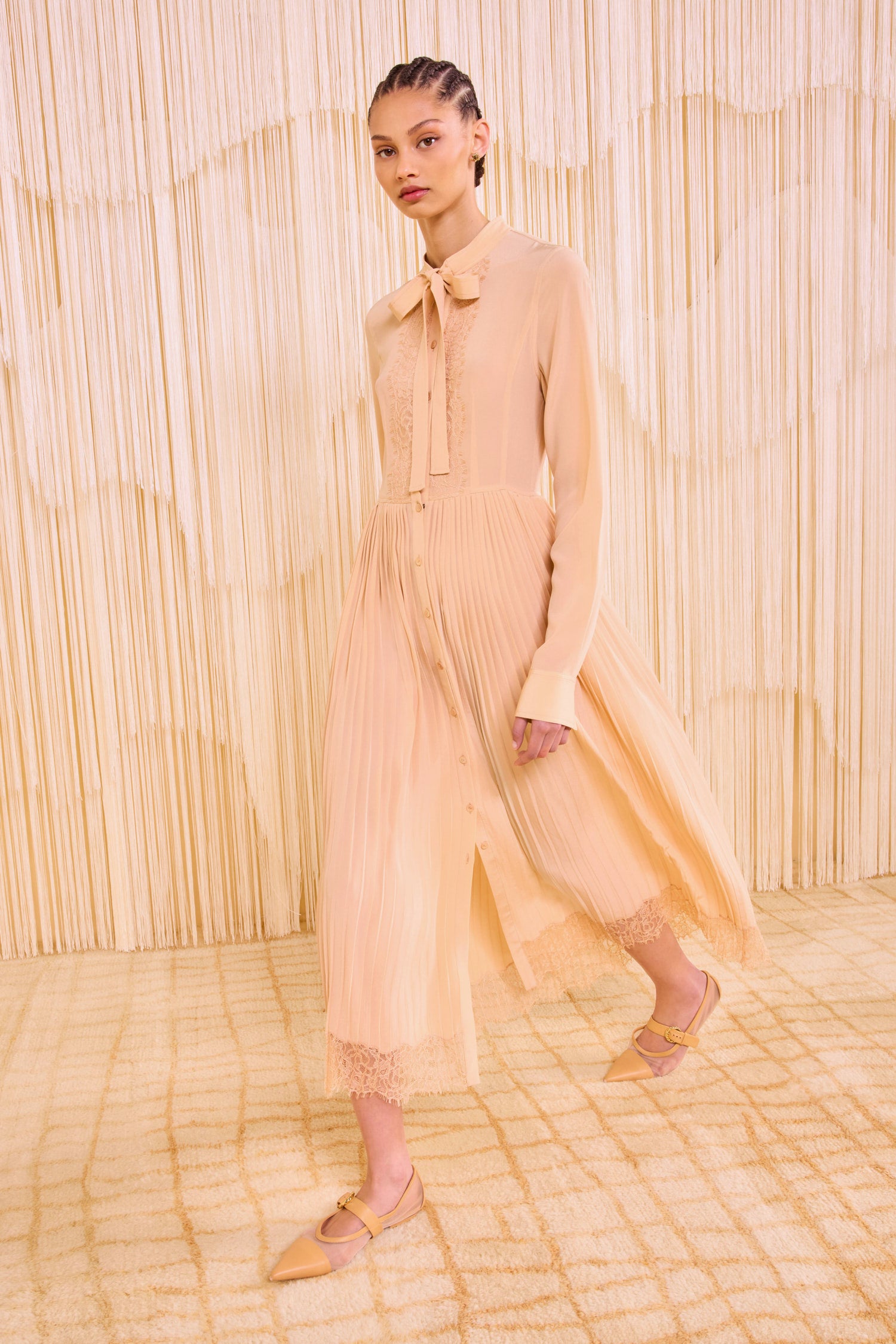 Aviana Long Sleeve Pleated Shirt Dress - Almond