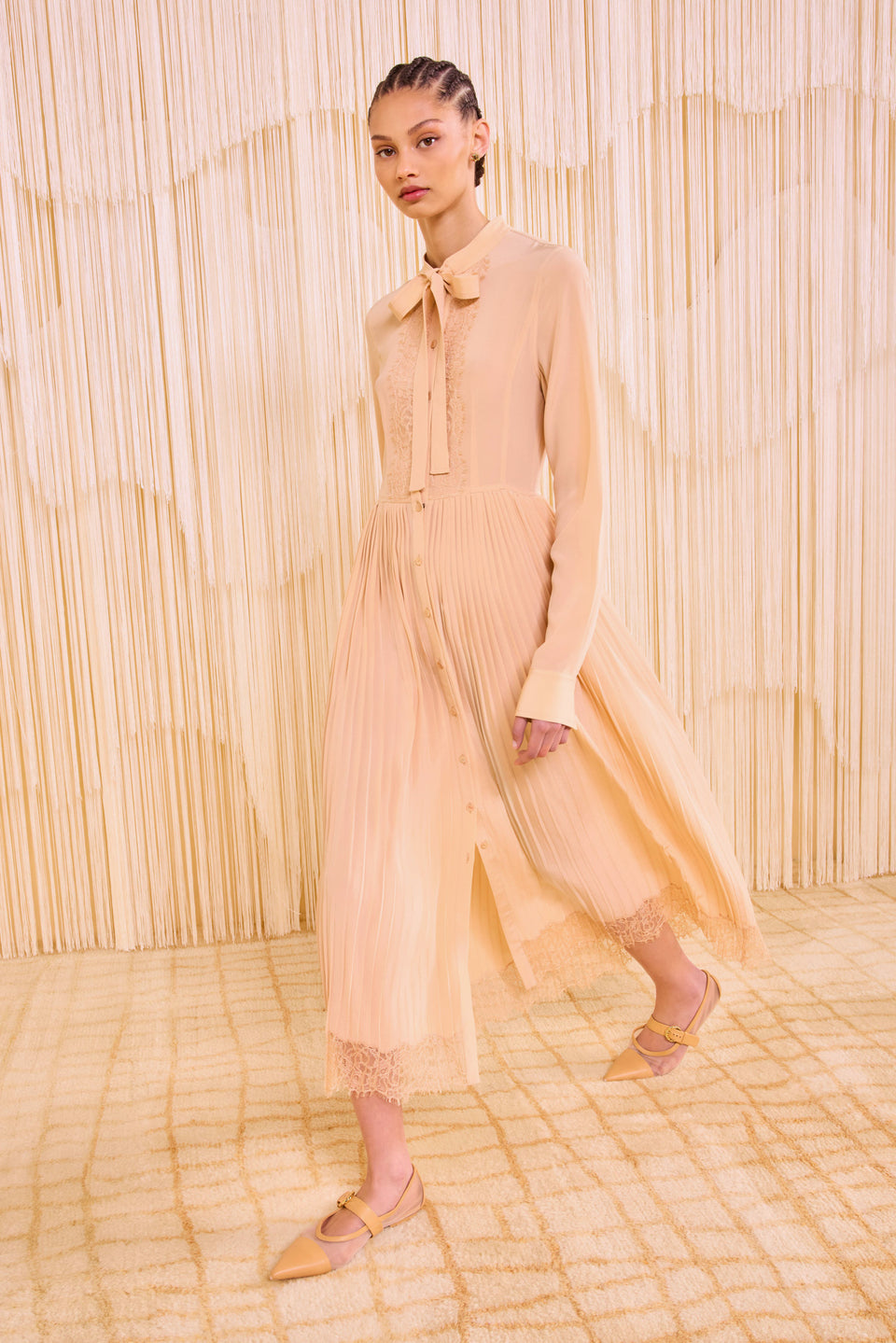 Aviana Long Sleeve Pleated Shirt Dress - Almond