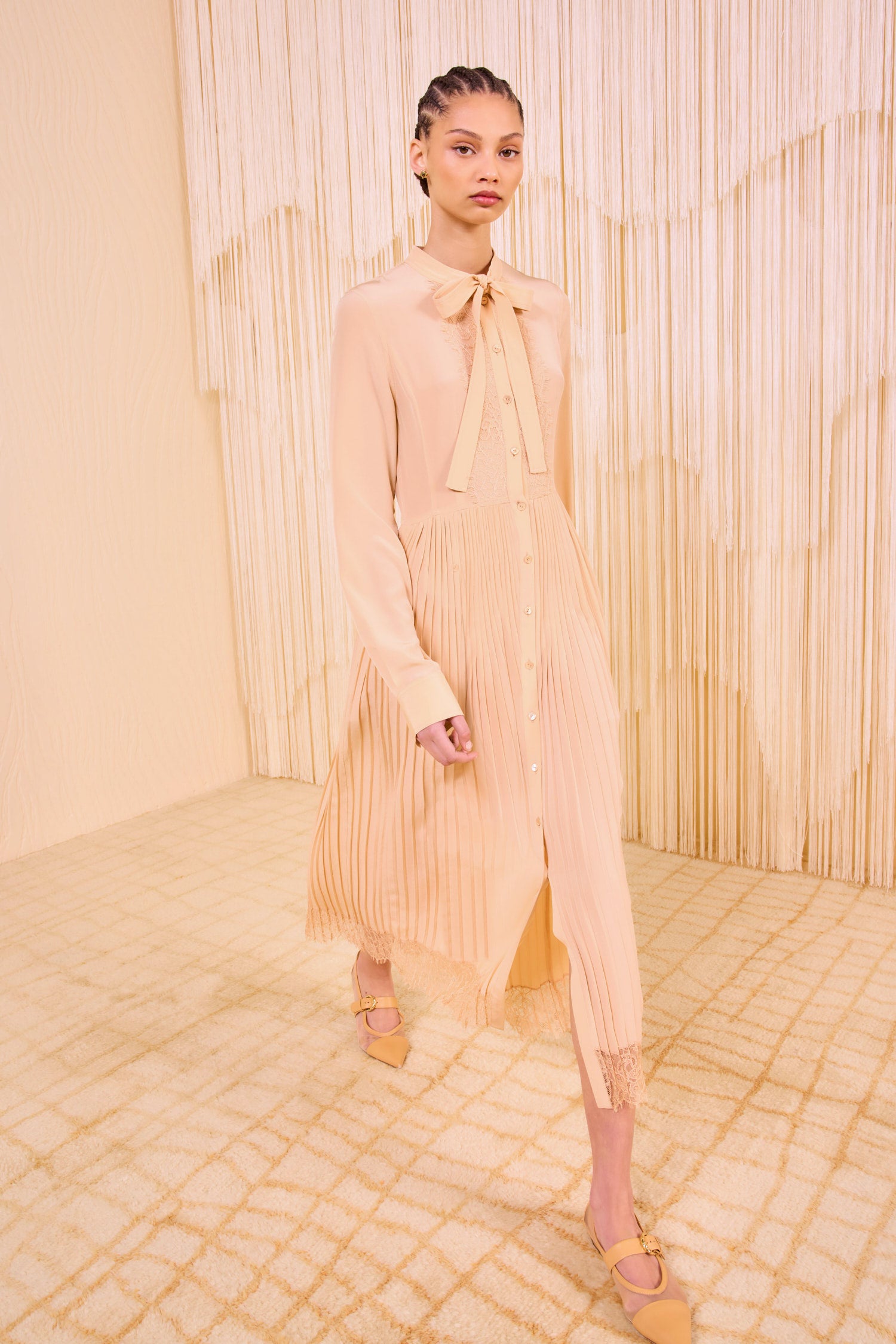 Aviana Long Sleeve Pleated Shirt Dress - Almond