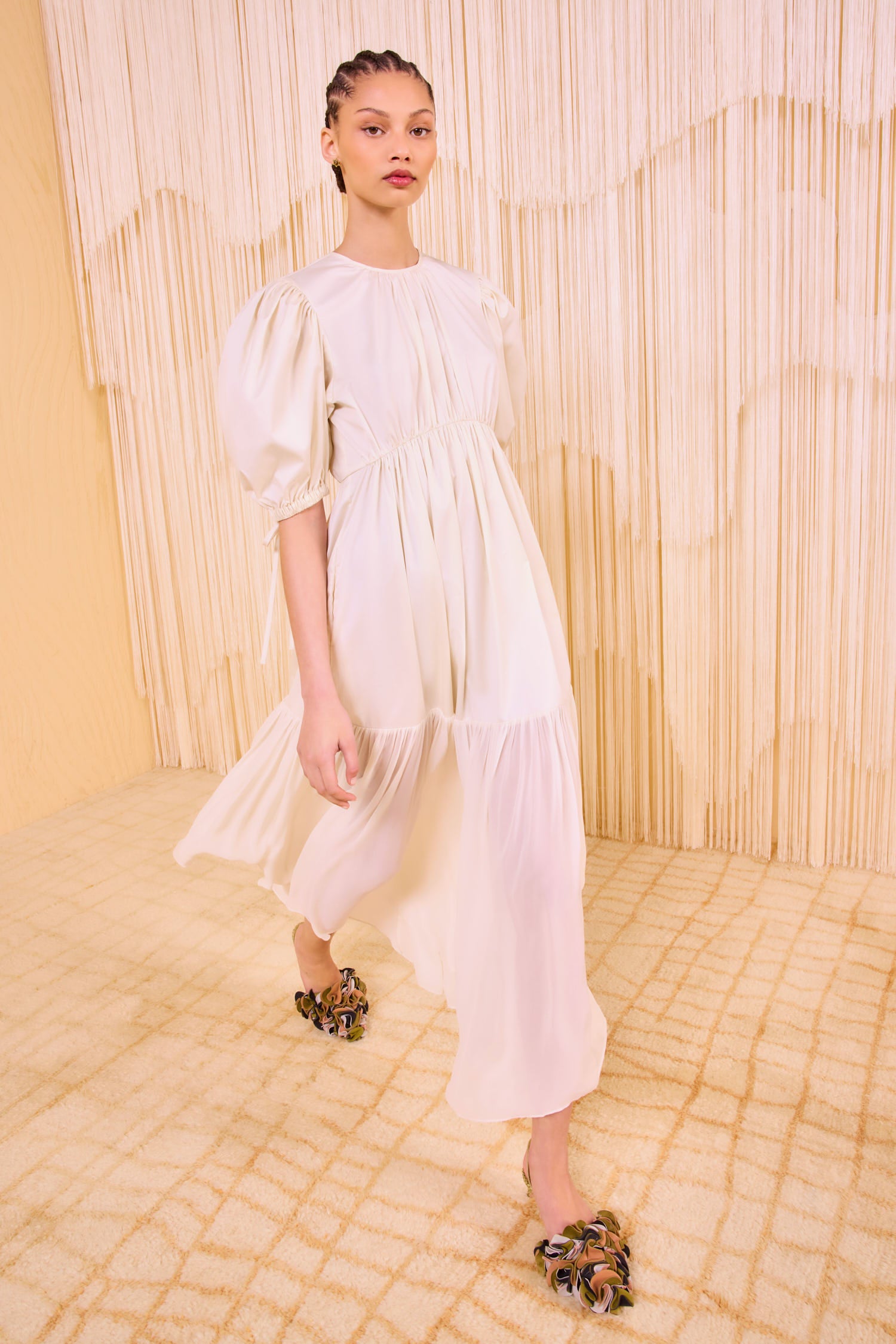 Collage Short Sleeve Midi Dress Pearl White Cotton Poplin Dress